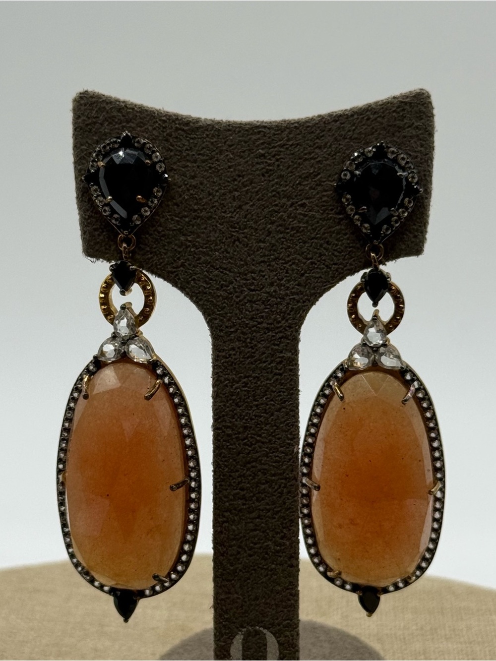 925 gold Vermeil Black Onyx, White Topaz, Peach Sunstone Drop Earrings